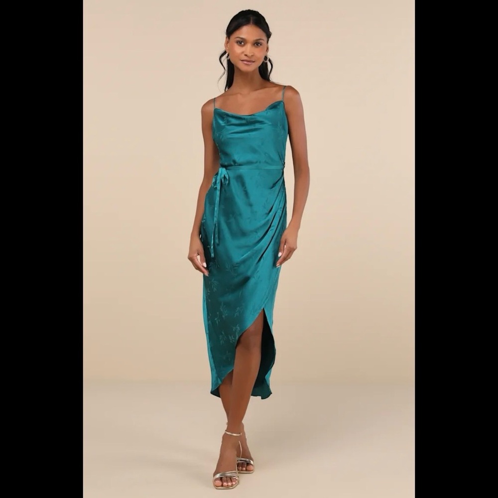 NWT LULUS Sophisticated Sight Teal Green Satin Jacquard Cowl Midi Dress
